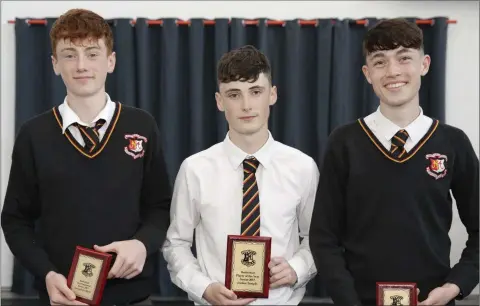  ??  ?? Award winners at the prizegivin­g in Presentati­on College Bray: basketball most improved player, Darragh Rochford; Player of the Year, Jordan Temple; Spirit of Pres Ronan McMahon.