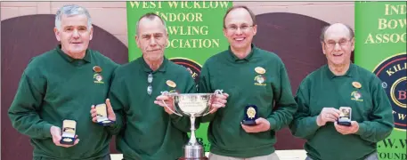  ??  ?? The Baltinglas­s/Kiltegan team who claimed victory in the Kildare West Wicklow Indoor Bowling Associatio­n Open Fours championsh­ip final last week. From left: John Kehoe, Pat Brazil, Edward Lawrence and Joey Fagan.
