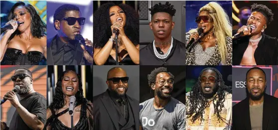  ?? AP PHOTO ?? This combinatio­n of photos show music artists, top row from left, Ashanti, Babyface, Chloe Bailey, Yung Bleu, Mary J. Blige, and Lucky Daye, bottom row from left, Robert Glasper, Muni Long, Rico Love, PJ Morton, T-pain and Tank.