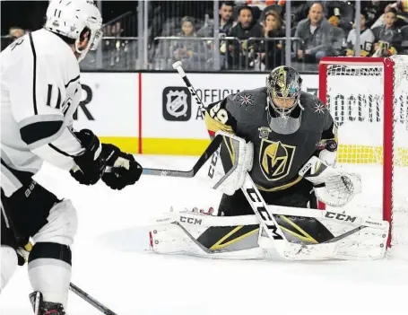  ?? Brankář Marc-Andre Fleury je s 97,7 % úspěšnosti zákroků suverénně nejlepším gólmanem v play off. FOTO ČTK/ AP ?? Tahoun Las Vegas.