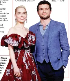  ??  ?? HAN SOLO: Alden Ehrenreich dan Emilia Clarke semasa tayangan perdana ‘Solo: A Star Wars Story’ di Los Angeles baru-baru ini. — Gambar Reuters