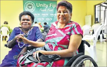  ?? Picture: ELIKI NUKUTABU ?? Fiji Disabled Persons Associatio­n Rewa rep Litia Naitanui (left) with Unity Fiji party provisiona­l candidate Naomi Navoce in Suva last Thursday.