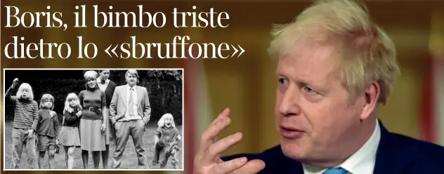  ??  ?? Album di famiglia
Il premier britannico Boris Johnson, 56 anni. Nella foto in bianco e nero, da sinistra, Boris (10 anni), Leo (7), Rachel (9), Charlotte (la madre), Stanley (il padre) e Jo (2), dietro la babysitter della famiglia Johnson