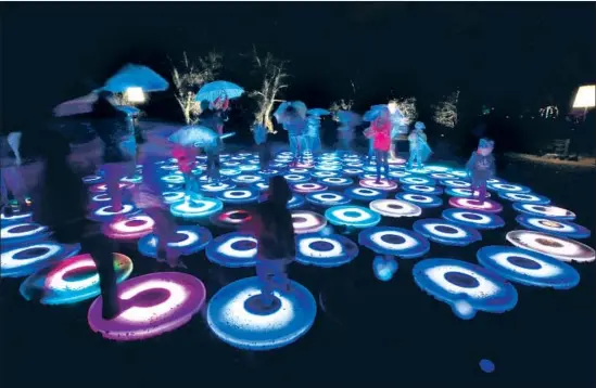  ?? Francine Orr Los Angeles Times ?? VISITORS EXPERIENCE one of the “Enchanted” installati­ons on a rainy 2016 night in La Cañada Flintridge. All the glowing displays can be seen on a one-mile walk.