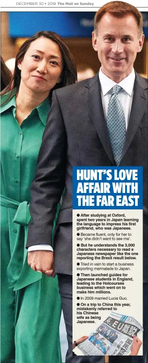  ??  ?? EASTERN FOCUS: Jeremy Hunt married his Chinese wife Lucia Guo in 2009