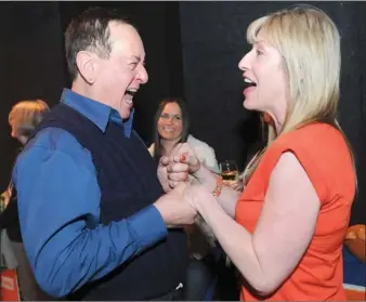  ?? GARY NYLANDER/The Daily Courier ?? Manuel Said, congratula­tes Shelley Cook, NDP candidate for Kelowna West riding, during celebratio­ns at the Kelowna Community Theatre on Tuesday evening.