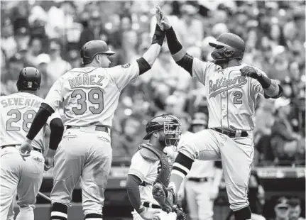  ?? JOE NICHOLSON/AP ?? Jonathan Villar, right, exchanges a high-five with Renato Nunez after hitting a three-run home run against the Mariners on Saturday.