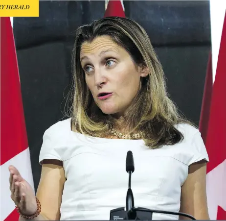  ?? JOSE LUIS MAGANA / THE ASSOCIATED PRESS ?? Foreign Affairs Minister Chrystia Freeland meets the press at the Canadian Embassy in Washington on Friday, where she danced around questions about bad faith after U.S. President Donald Trump appeared to confirm leaked remarks that he was unwilling to compromise on trade issues.