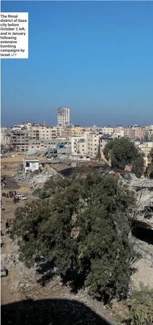  ?? AFP ?? The Rimal district of Gaza city before October 7, left, and in January following extensive bombing campaigns by Israel