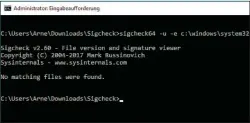  ??  ?? Das CMD-TOOL Sigcheck überprüft die Stammzerti­fikate in Windows auf ihre Echtheit. Die Antwort „No matching files were found“zeigt, dass alles in Ordnung ist.