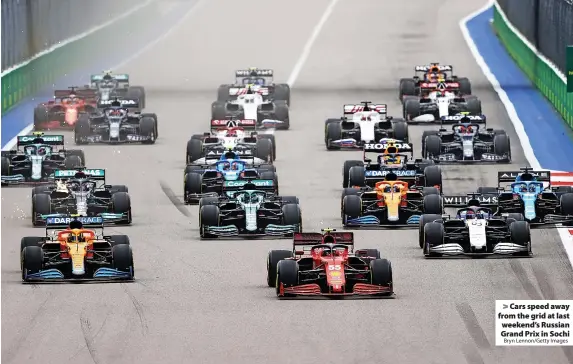  ?? Bryn Lennon/Getty Images ?? Cars speed away from the grid at last weekend’s Russian Grand Prix in Sochi