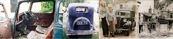  ?? ?? Below, left to right: back in action in August 2011 after a 53 years of hibernatio­n; August 2011, note drooping roof lining in rear window; Jennie Brownsdon and mother Alice, 97, in 2012 after it had been recommissi­oned; A7 was caught in a WW2 bombing raid and suffered a bullet through the scuttle