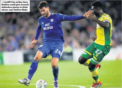  ??  ?? &gt; Cardiff City striker Gary Madine could give Arsenal defenders plenty to think about, says Nathan Blake