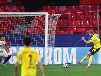  ??  ?? Erling Braut Haaland scored a double as Dortmund recovered from a goal down to beat Sevilla 3-2 in their first leg