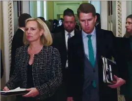  ?? THE ASSOCIATED PRESS ?? Homeland Security Secretary Kirstjen Nielsen and then-Department of Homeland Security chief of staff Miles Taylor, right, after a Republican Caucus luncheon in 2019.