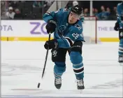  ?? NHAT V. MEYER — BAY AREA NEWS GROUP FILE ?? The San Jose Sharks’ Timo Meier (28) scores an empty net goal against the Chicago Blackhawks in the third period at the SAP Center in San Jose on Nov. 5.