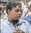  ?? PTI ?? Brajesh Thakur, after ink was thrown at him outside court, in Muzaffarpu­r on Wednesday.