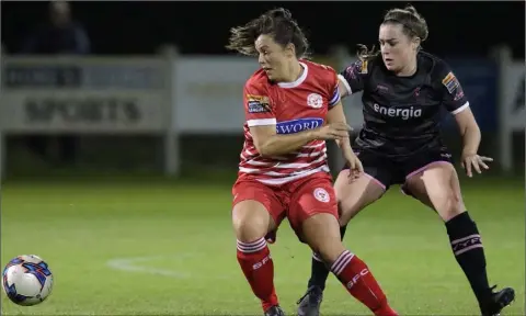  ??  ?? Wexford defender Orlaith Conlon ensuring Shelbourne captain Noelle Murray has no room to manoeuvre.