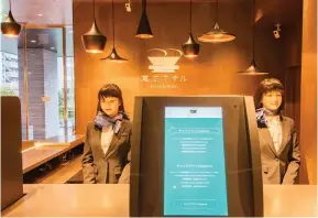  ??  ?? ABOVE: Marquee Resort by Bluegreen Vacations large portrait in hallway triggered by motion sensors to morph from a still portrait to a live motion LEFT: Henn Na Hotel in Tokyo Ginza uses robot technology to aid in front desk check-in