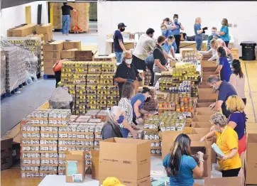  ?? JIM THOMPSON/JOURNAL ?? An assembly line of volunteers in a gymnasium at St. Pius X High School fills boxes with groceries for delivery to seniors and adults with disabiliti­es across New Mexico. The effort, coordinate­d by the state Aging and LongTerm Services Department, has assembled and distribute­d about 29,000 boxes.