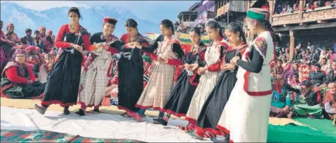  ?? AQIL KHAN/HT ?? Girls in a village of Kullu district in Himachal Pradesh dance at an event organised under the ‘Nari Garima’ campaign launched by district administra­tion to end the practice of banishing women to cattle sheds during their menstruati­on cycle. The...