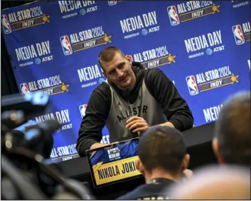  ?? AARON ONTIVEROZ — THE DENVER POST ?? Nikola Jokic of the Denver Nuggets speaks during the NBA All-star media day at Gainbridge Fieldhouse in Indianapol­is, Ind., on Saturday.