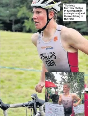  ??  ?? Triathlete Matthew Phillips in cycling action (main picture) and (below) taking to the road
