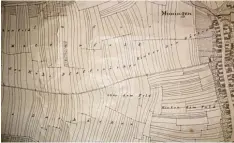  ?? Foto: Friedel ?? Ausschnitt­e aus der Flurkarte von 1822 des Munninger Gemeindear­chivs mit Teilen des Mittelfeld­es an der alten Hochstraße (Kreisstraß­e DON 17) und den Pfaffenäck­ern des Wiedenhofe­s.
