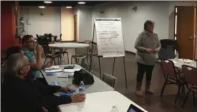  ?? KEVIN MARTIN — THE MORNING JOURNAL ?? South Side Block Watch coordinato­r Leigh McKimmie leads a planning meeting at El Centro on Jan. 9 for an upcoming banquet to show appreciati­on to Lorain’s first responders on Jan. 22 at Saint Francis Xavier Cabrini Catholic Parish.