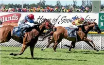  ?? PHOTO: RACE IMAGES ?? Carnival (centre) fights off Passing Shot (inner) and Kinagat to win the Group III Lindauer Stewards Stakes.