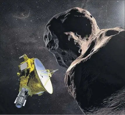  ?? NASA / Getty Images ?? This artist’s illustrati­on obtained from NASA shows the New Horizons spacecraft encounteri­ng 2014 MU69 — nicknamed Ultima Thule.