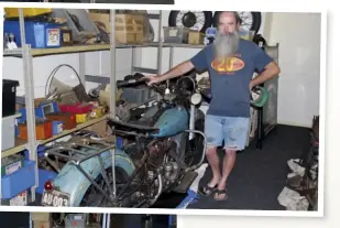  ??  ?? LEFT Redfern Motor Parts Proprietor Tony Blain with the 1926 SMA Factory Race Bike. This machine is different from the road version in that it has a smaller fuel tank and an S bend in the front down tube. ABOVE Long time employee Shaun Wilson with the 1938 W 750 Flathead which sold for $30,000 plus premium.