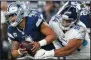  ?? AP PHOTO/MICHAEL AINSWORTH ?? Tennessee Titans nose tackle Austin Johnson (94) sacks Dallas Cowboys quarterbac­k Dak Prescott (4) during an NFL Monday in Arlington, Texas.