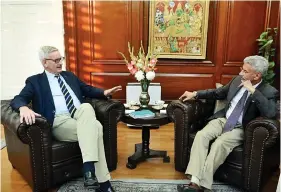  ?? ANI ?? External Affairs Minister S. Jaishankar (R) meets former Prime Minister of Sweden Carl Bildt, in New Delhi on Tuesday.