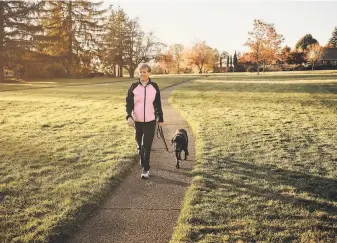  ?? Mason Trinca / New York Times ?? Kathy Wentworth, who has volunteere­d with Guide Dogs for the Blind for two decades, walks with one of her service dogs in Portland, Ore. Volunteeri­ng has fallen during the pandemic.