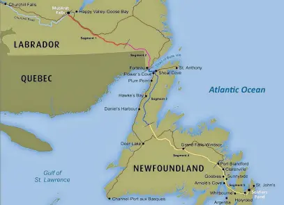  ?? NL HYDRO GRAPHIC ?? The route of the Muskrat Falls transmissi­on line. The Labrador-island-link (LIL) crosses the Strait of Belle Isle.