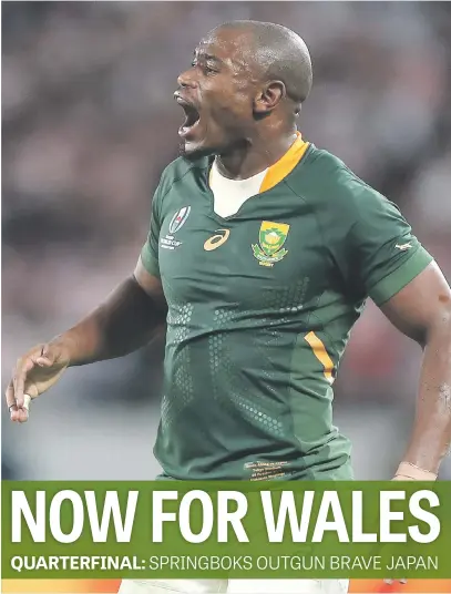  ?? Picture: Getty Images ?? PUMPED. Springbok wing Makazole Mapimpi celebrates his first try during their Rugby World Cup quarterfin­al at the Tokyo Stadium yesterday.