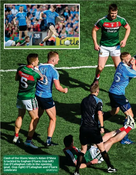  ?? SPORTSFILE ?? Clash of the titans: Mayo’s Aidan O’Shea is tackled by Eoghan O’Gara; (top left) Con O’Callaghan rolls in the opening goal; (top right) O’Callaghan and O’Gara celebrate