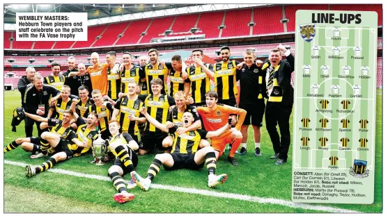  ??  ?? WEMBLEY MASTERS: Hebburn Town players and staff celebrate on the pitch with the FA Vase trophy