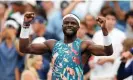  ?? ?? Frances Tiafoe celebrates after defeating Rinky Hijikata inside two hours. Photograph: Danielle Parhizkara­n/USA Today Sports