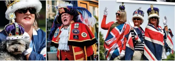  ??  ?? BELOW LEFT: A royal fan and her dog wear matching crowns as they wait alongside the Long Walk in Windsor. BELOW MIDDLE and BELOW RIGHT: Crowds of well-wishers – dressed up and draped in flags – were seen on the streets of Windsor from the day before...