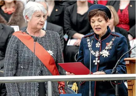  ?? KEVIN STENT/STUFF ?? Dame Patsy Reddy takes the Affirmatio­n of Allegiance under the guidance of Chief Justice Dame Sian Elias when she was sworn in as Governor-general at Parliament.