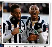  ?? REX/REUTERS ?? Lions’ Den: Millwall fans on the pitch and Cummings (top left) and Abdou celebrate