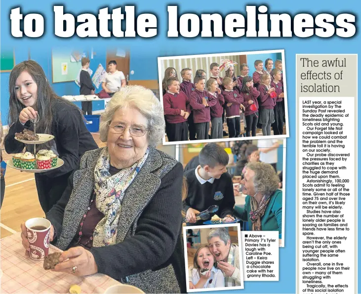  ??  ?? Above – Primary 7’s Tyler Davies has a laugh with Caroline Poe. Left – Keira Duggie shares a chocolate cake with her granny Rhoda.