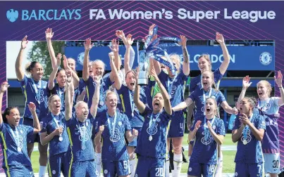  ?? PHOTO: GETTY IMAGES ?? No blues for Blues . . . The Chelsea players celebrate after beating Manchester United in London yesterday to win their third consecutiv­e Women’s Super League title.