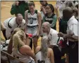  ?? JEN FORBUS — FOR THE MORNING JOURNAL ?? Elyria Catholic coach Eric Rothgery advises his squad during the Panthers’ game against Rocky River in 2019.