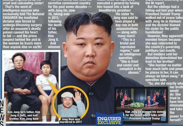  ??  ?? Kim Jong Un’s father, Kim Jong Il (left), and half brother, Kim Jong Nam
Jong Nam was murdered in 2017
Kim Jong Un blamed his sister for the failed peace talks with
President Donald Trump