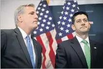  ?? Alex Wong Getty Images ?? HOUSE REPUBLICAN­S Kevin McCarthy, left, and Paul D. Ryan after a meeting to discuss the GOP agenda.