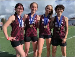  ?? CONTRIBUTE­D ?? Scotts Valley High's speed medley relay team, from left, Rayne Leonetti, Sarah Drees, Ava Decleve, and Soraya Westlund after their victory at the Firebird Relays in Sunnyvale on Saturday.