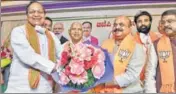  ?? PTI ?? Basavaraj Bommai (third from left) being congratula­ted after the BJP Legislatur­e Party meeting in Bengaluru on Tuesday.